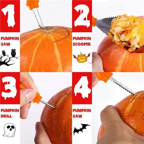 Pumpkin Carving Kit - 4 Halloween Pumpkin Carving Tools Set with 10 Stencils - Picture 2 of 5